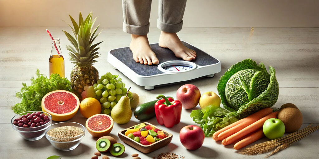 A person stepping on a scale, surrounded by healthy food, emphasizing steady weight loss for preventing loose skin.