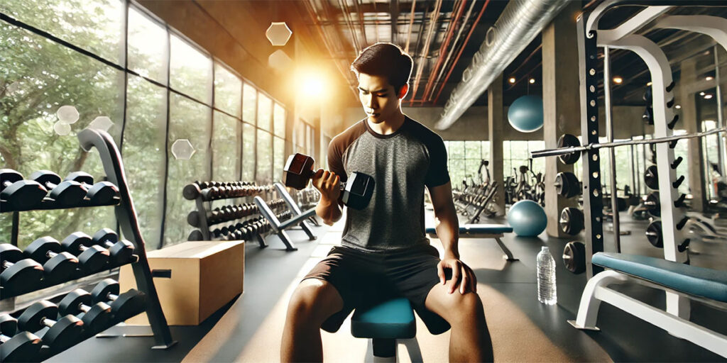 A person lifting dumbbells at the gym, demonstrating strength training to maintain muscle mass during weight loss.