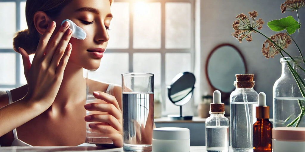 A glass of water and a person applying moisturizer to their face, showcasing the importance of hydration for skin elasticity.