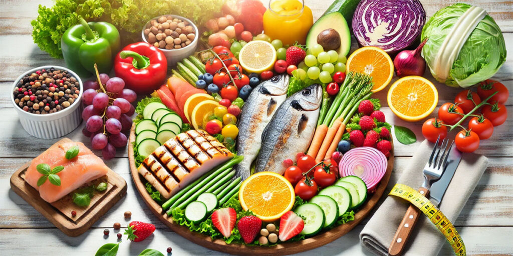 A colorful plate of fruits, vegetables, and lean proteins, highlighting skin-nourishing foods for weight loss.